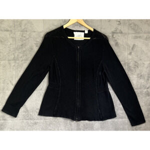 Anthro Angel of the North Full Zip Sweater Womens Large Black Stretch Open Knit